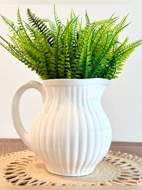 Vintage FP Home Portugal Handcrafted Tall Ribbed Ceramic Pitcher White